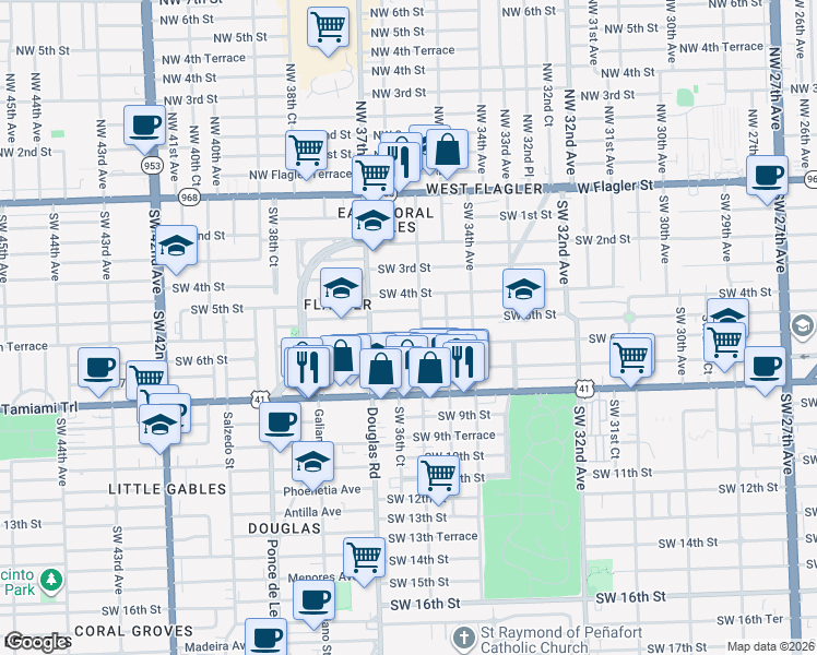 map of restaurants, bars, coffee shops, grocery stores, and more near 527 Southwest 36th Avenue in Miami