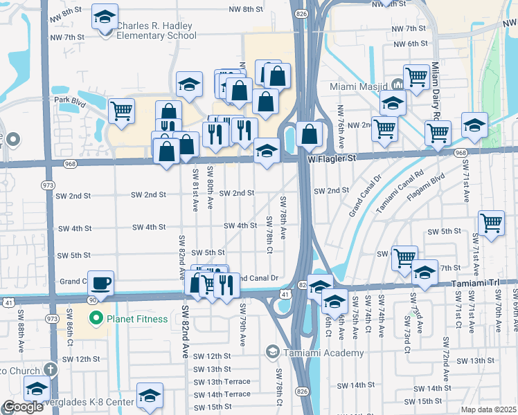 map of restaurants, bars, coffee shops, grocery stores, and more near 308 Central Boulevard in Miami