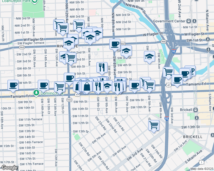 map of restaurants, bars, coffee shops, grocery stores, and more near 921 Southwest 8th Street in Miami