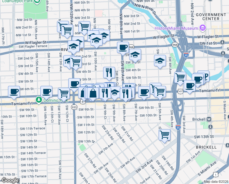 map of restaurants, bars, coffee shops, grocery stores, and more near 921 Southwest 8th Street in Miami