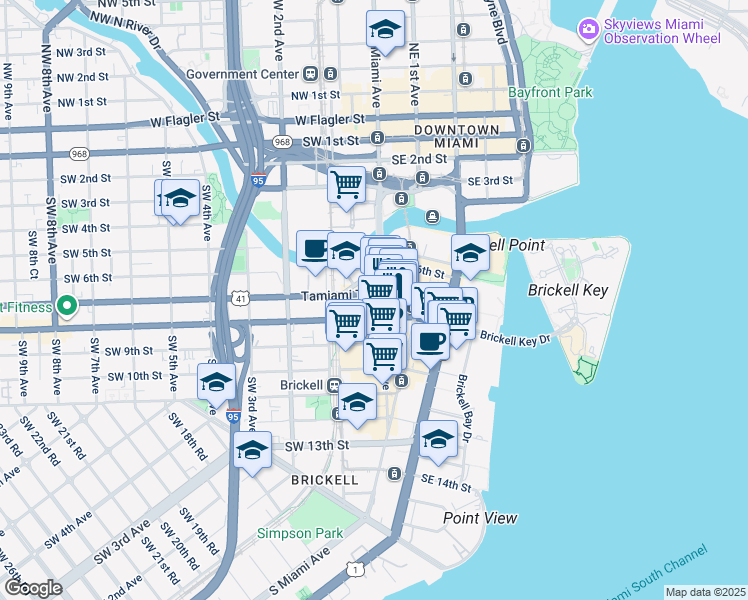 map of restaurants, bars, coffee shops, grocery stores, and more near 3 Southwest 8th Street in Miami