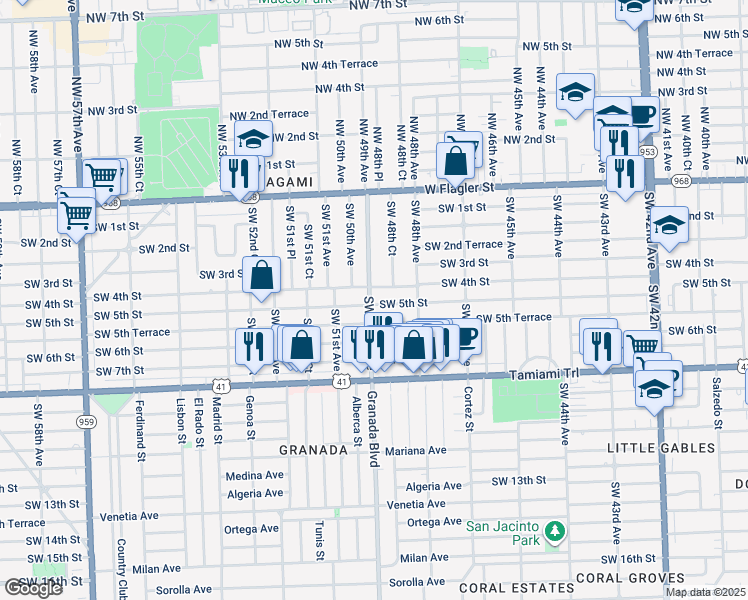 map of restaurants, bars, coffee shops, grocery stores, and more near 4891 Southwest 5th Street in Coral Gables