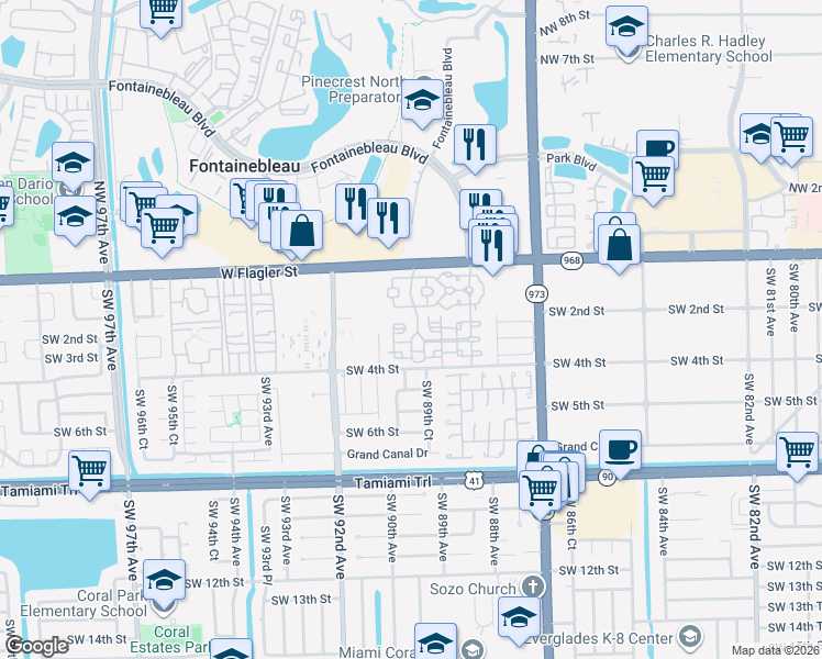 map of restaurants, bars, coffee shops, grocery stores, and more near 8976 West Flagler Street in Miami