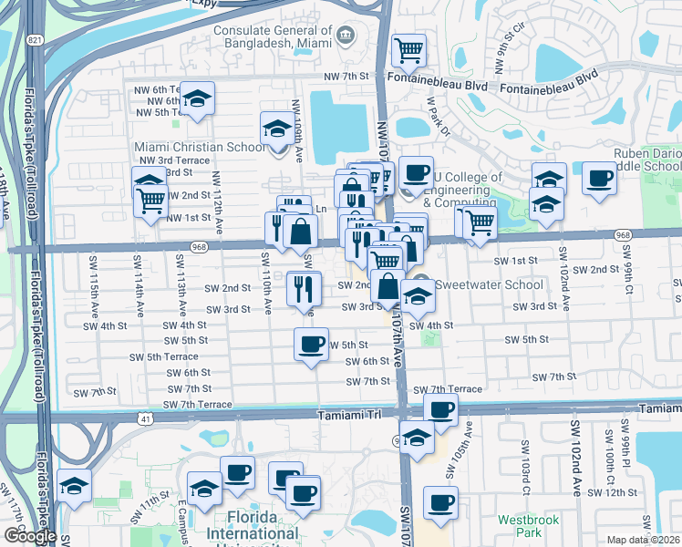 map of restaurants, bars, coffee shops, grocery stores, and more near 10851 Southwest 2nd Street in Miami