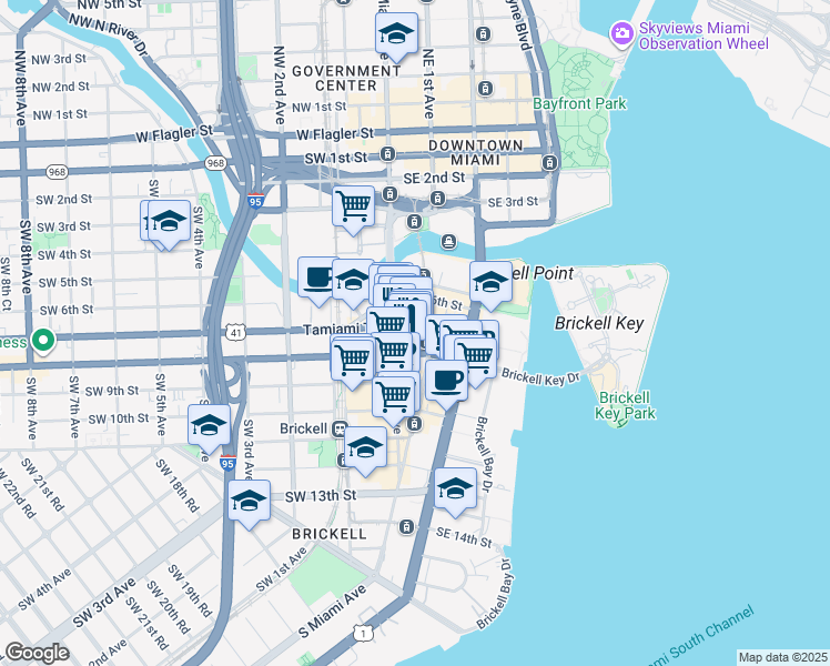 map of restaurants, bars, coffee shops, grocery stores, and more near in Miami