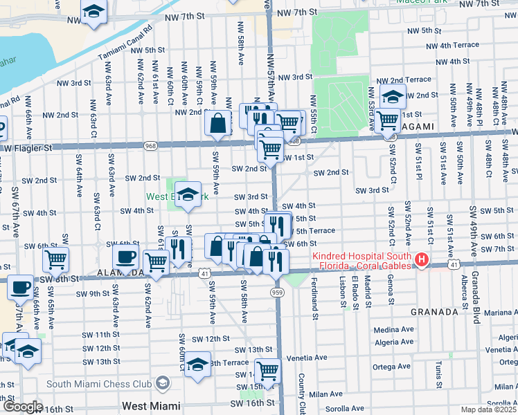 map of restaurants, bars, coffee shops, grocery stores, and more near 5741 Southwest 4th Street in Miami