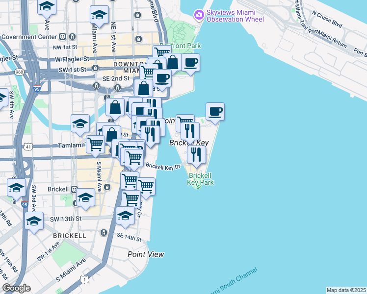 map of restaurants, bars, coffee shops, grocery stores, and more near 601 Brickell Key Drive in Miami