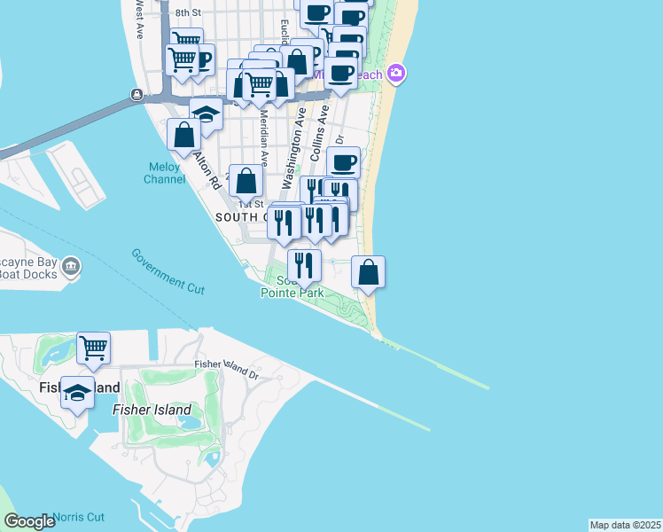 map of restaurants, bars, coffee shops, grocery stores, and more near 100 South Pointe Drive in Miami Beach