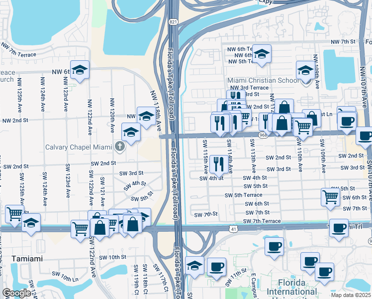 map of restaurants, bars, coffee shops, grocery stores, and more near 110 Southwest 116th Court in Miami