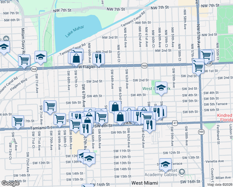 map of restaurants, bars, coffee shops, grocery stores, and more near 6381 Southwest 4th Street in Miami