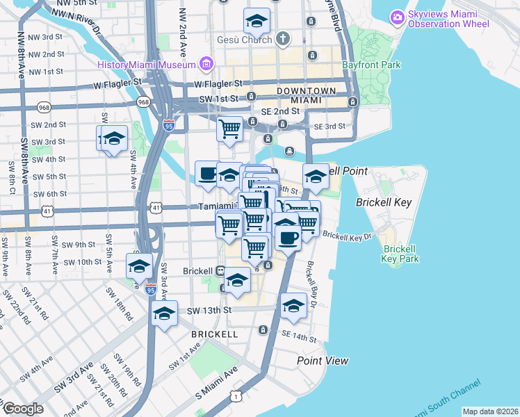map of restaurants, bars, coffee shops, grocery stores, and more near 701 South Miami Avenue in Miami