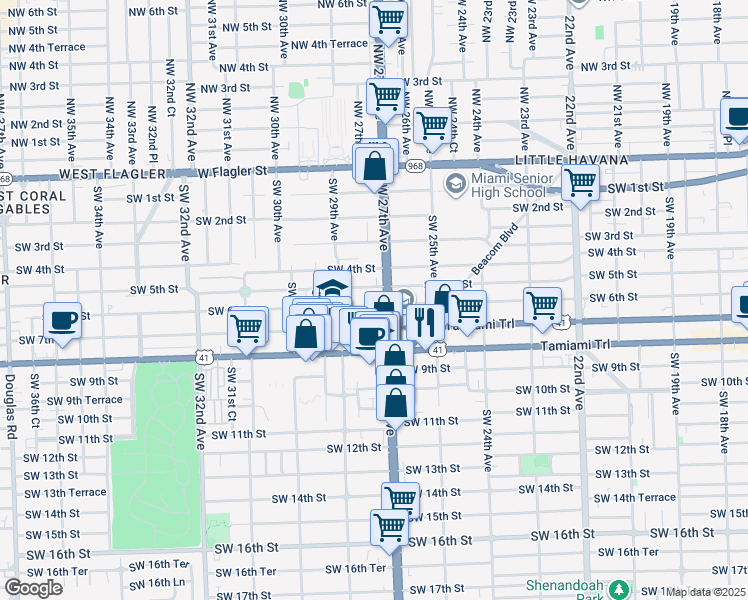 map of restaurants, bars, coffee shops, grocery stores, and more near 2725 Southwest 6th Street in Miami