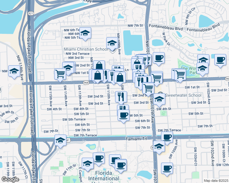 map of restaurants, bars, coffee shops, grocery stores, and more near 120 Southwest 109th Avenue in Miami