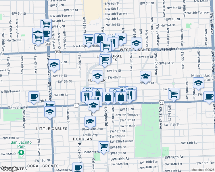 map of restaurants, bars, coffee shops, grocery stores, and more near 3691 Southwest 5th Terrace in Miami