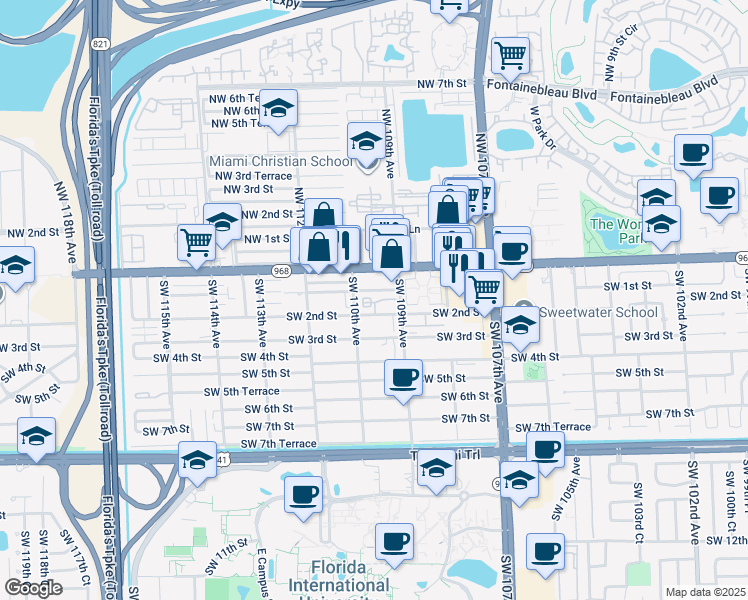 map of restaurants, bars, coffee shops, grocery stores, and more near 120 Southwest 109th Avenue in Miami