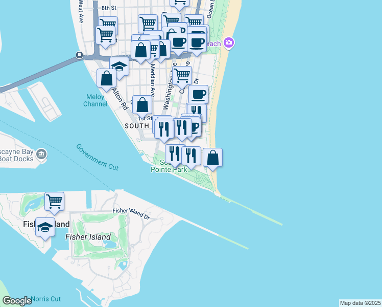 map of restaurants, bars, coffee shops, grocery stores, and more near Unnamed Road in Miami Beach