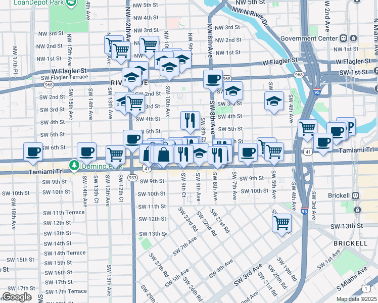 map of restaurants, bars, coffee shops, grocery stores, and more near 921 Southwest 8th Street in Miami