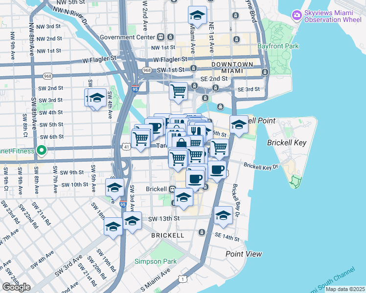 map of restaurants, bars, coffee shops, grocery stores, and more near 88 Southwest 7th Street in Miami