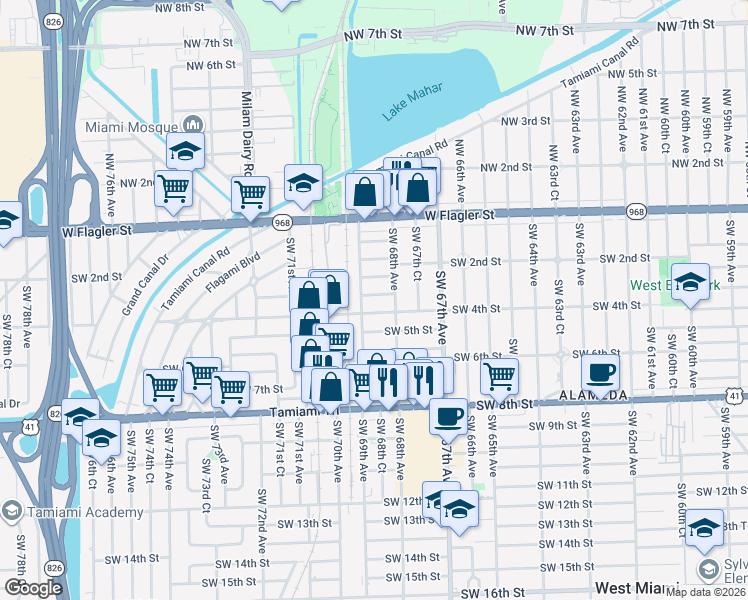 map of restaurants, bars, coffee shops, grocery stores, and more near 6841 Southwest 4th Street in Miami
