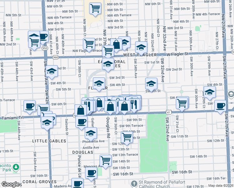 map of restaurants, bars, coffee shops, grocery stores, and more near 3674 Southwest 5th Terrace in Miami