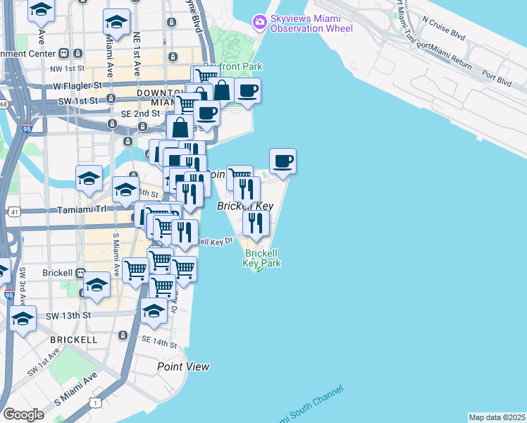 map of restaurants, bars, coffee shops, grocery stores, and more near in Miami
