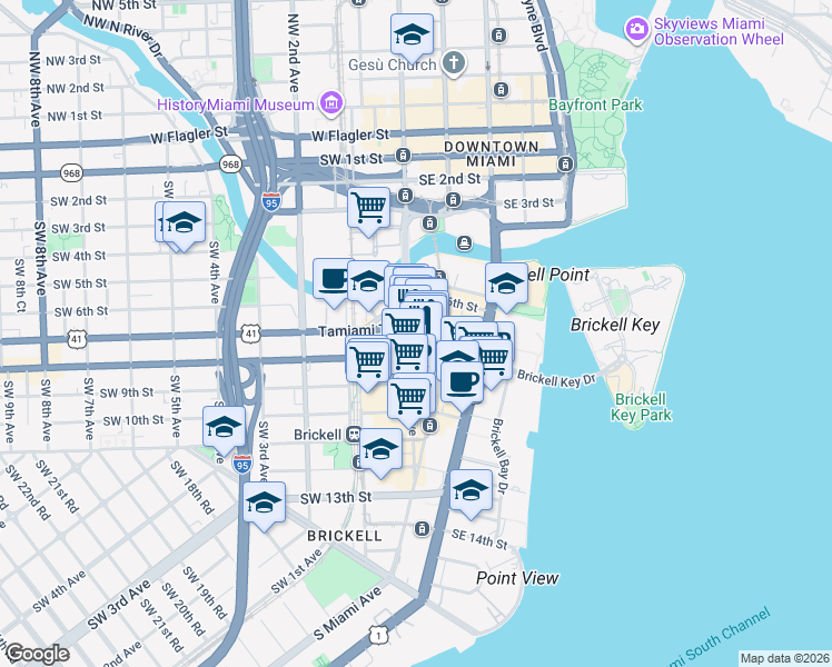 map of restaurants, bars, coffee shops, grocery stores, and more near 3 Southwest 8th Street in Miami