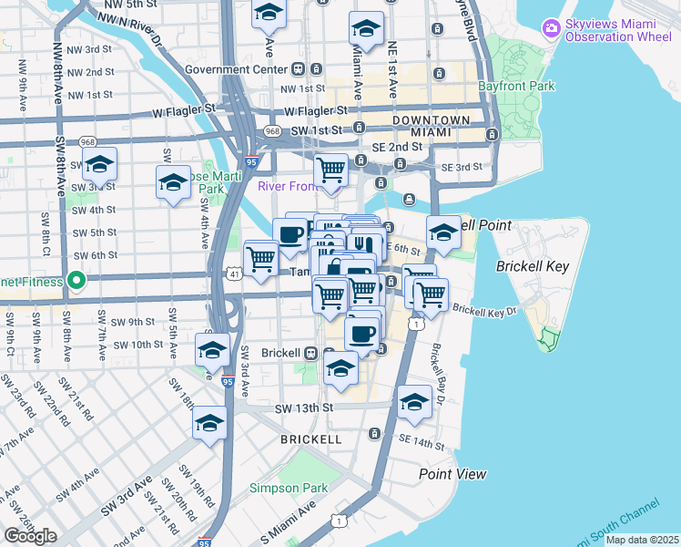 map of restaurants, bars, coffee shops, grocery stores, and more near 88 Southwest 7th Street in Miami
