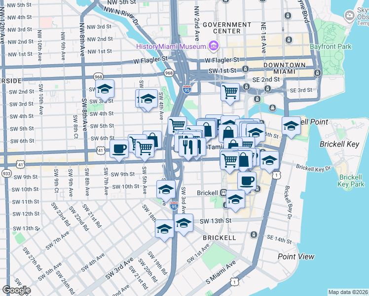 map of restaurants, bars, coffee shops, grocery stores, and more near 296 Southwest 7th Street in Miami