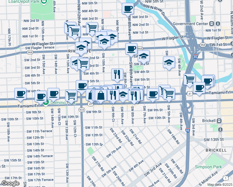 map of restaurants, bars, coffee shops, grocery stores, and more near 921 Southwest 8th Street in Miami