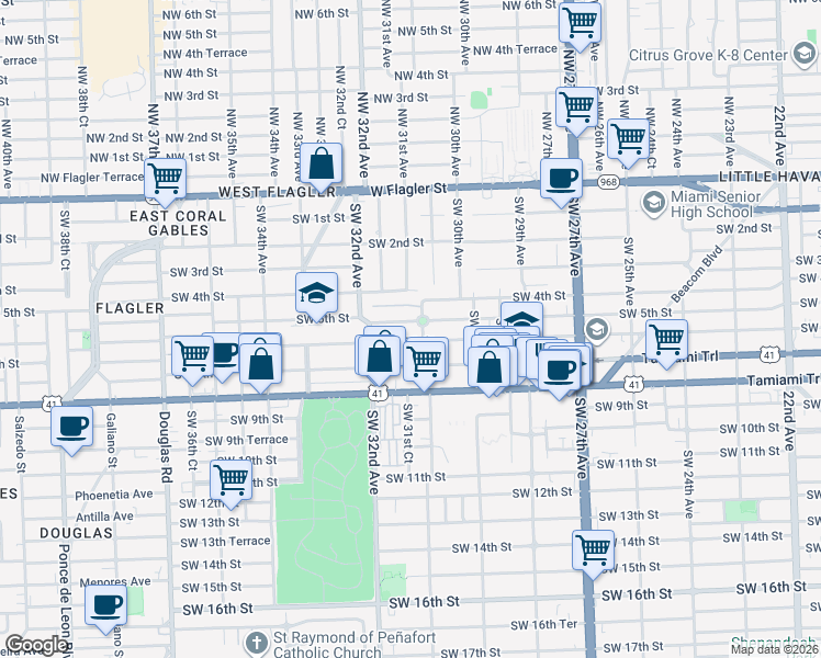 map of restaurants, bars, coffee shops, grocery stores, and more near 3115 Southwest 6th Street in Miami