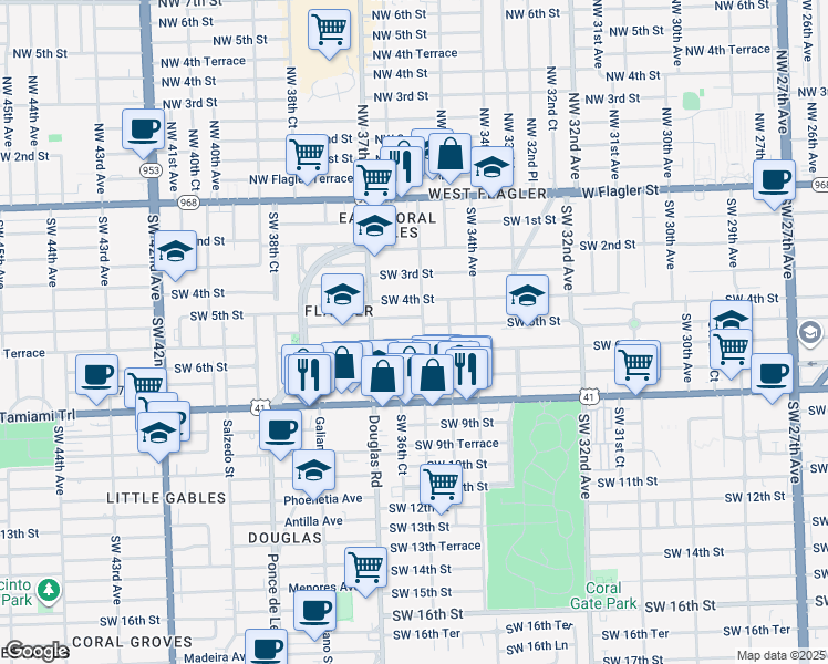 map of restaurants, bars, coffee shops, grocery stores, and more near 527 Southwest 36th Avenue in Miami