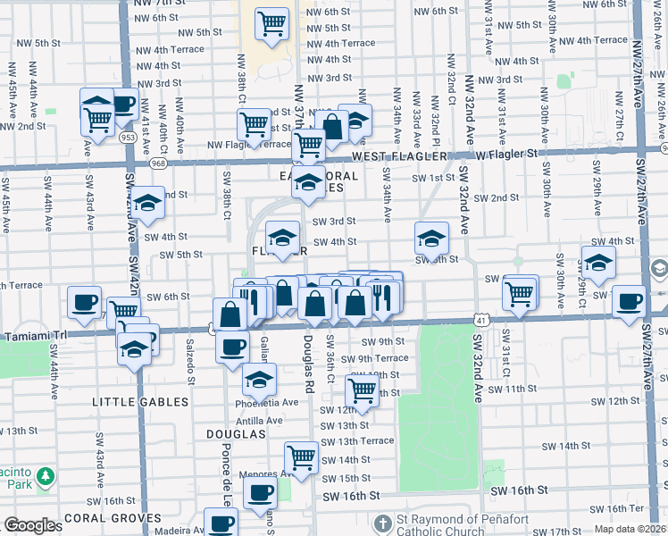 map of restaurants, bars, coffee shops, grocery stores, and more near 3674 Southwest 5th Terrace in Miami