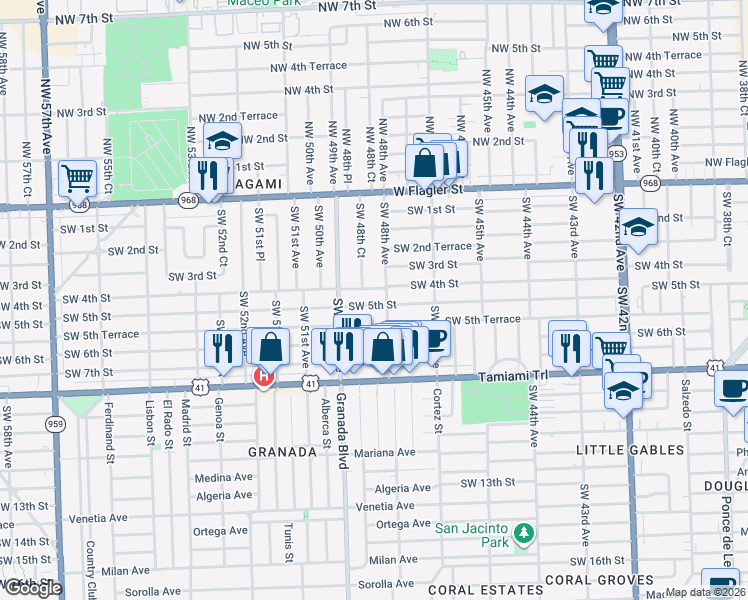map of restaurants, bars, coffee shops, grocery stores, and more near 4811 Southwest 5th Street in Coral Gables