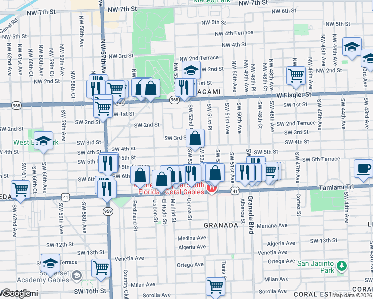 map of restaurants, bars, coffee shops, grocery stores, and more near 5281 Southwest 5th Street in Coral Gables