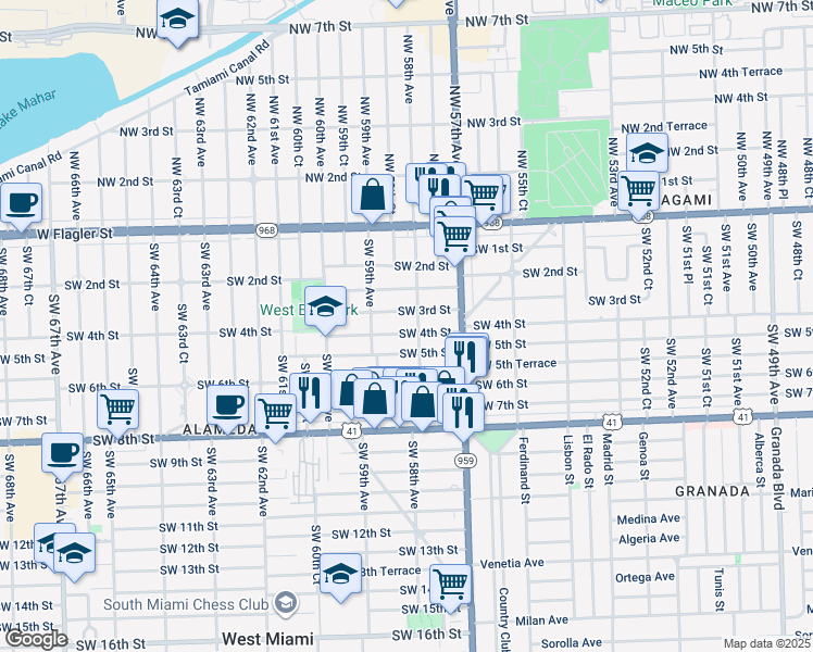 map of restaurants, bars, coffee shops, grocery stores, and more near 5833 Southwest 4th Street in Miami
