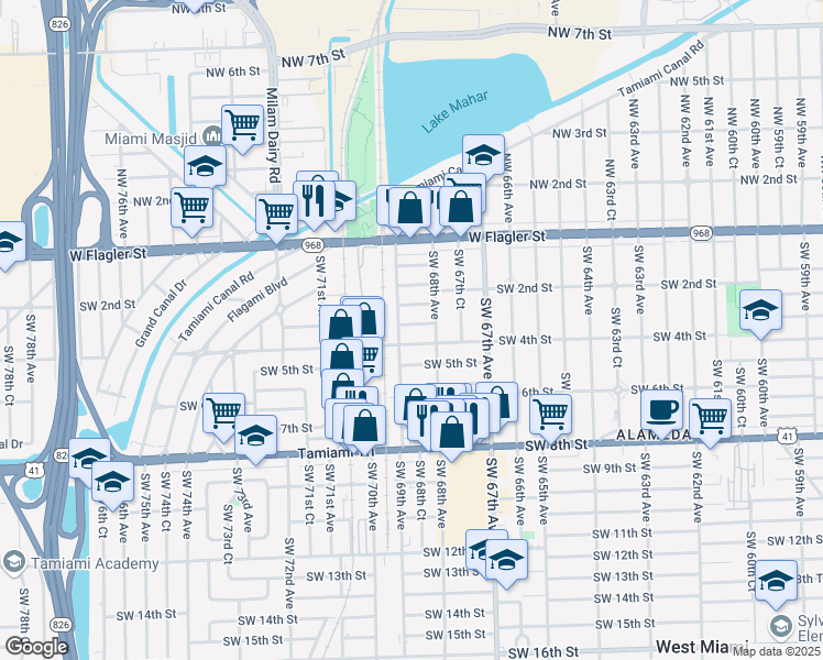 map of restaurants, bars, coffee shops, grocery stores, and more near 6841 Southwest 4th Street in Miami