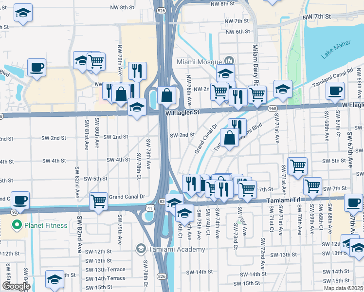 map of restaurants, bars, coffee shops, grocery stores, and more near 312 Southwest 76th Court in Miami