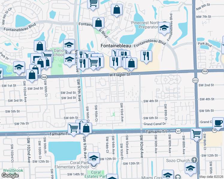 map of restaurants, bars, coffee shops, grocery stores, and more near 9401 Southwest 4th Street in Miami