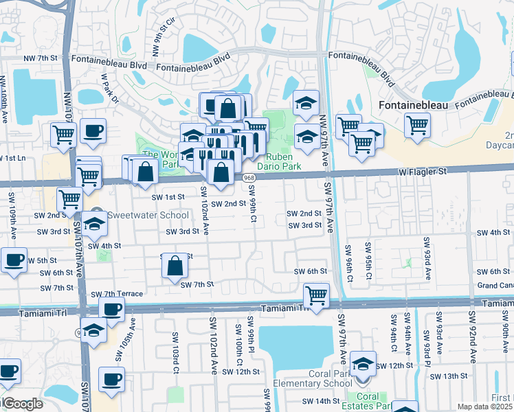 map of restaurants, bars, coffee shops, grocery stores, and more near 9965 Southwest 2nd Terrace in Miami