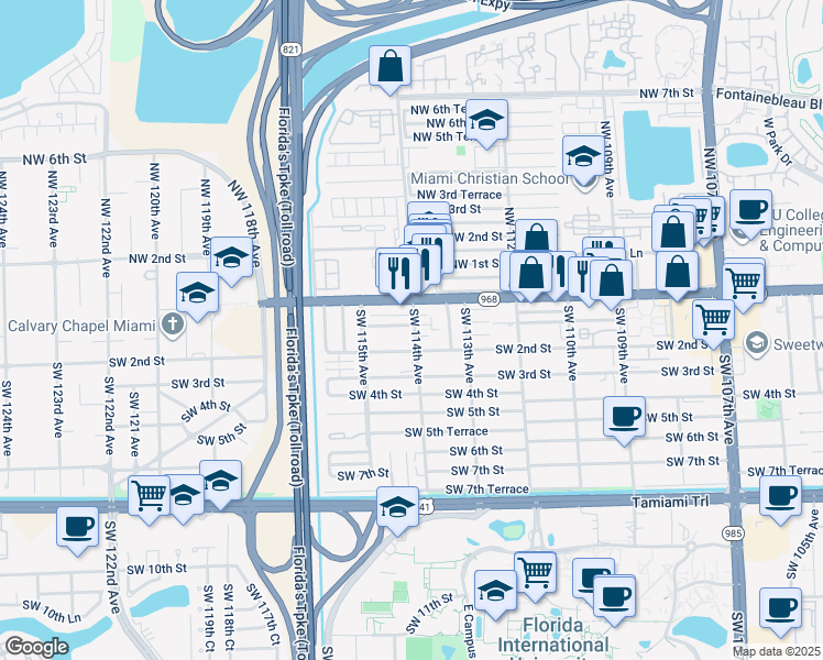 map of restaurants, bars, coffee shops, grocery stores, and more near 125 Southwest 114th Avenue in Miami