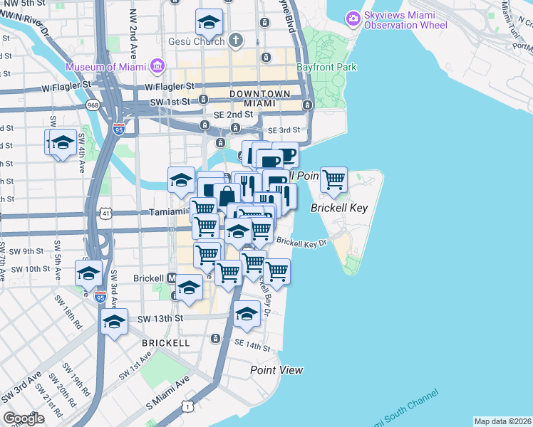 map of restaurants, bars, coffee shops, grocery stores, and more near 701 Brickell Avenue in Miami