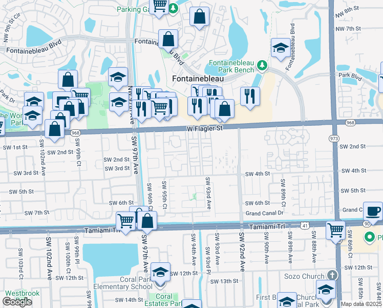 map of restaurants, bars, coffee shops, grocery stores, and more near 9401 Southwest 4th Street in Miami