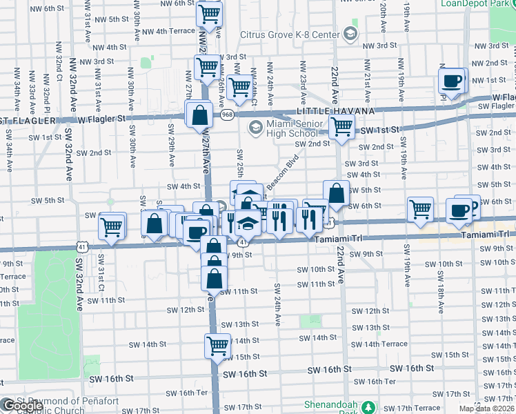 map of restaurants, bars, coffee shops, grocery stores, and more near 2491 Southwest 6th Street in Miami