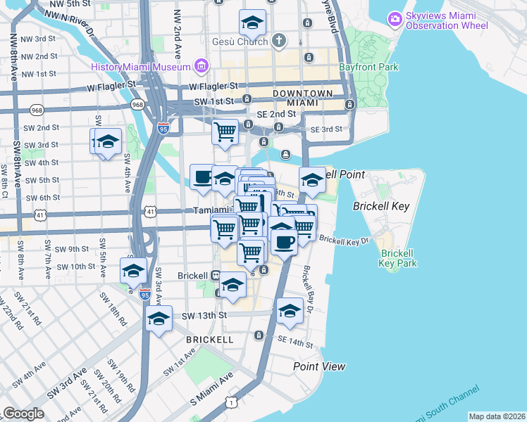 map of restaurants, bars, coffee shops, grocery stores, and more near 701 South Miami Avenue in Miami