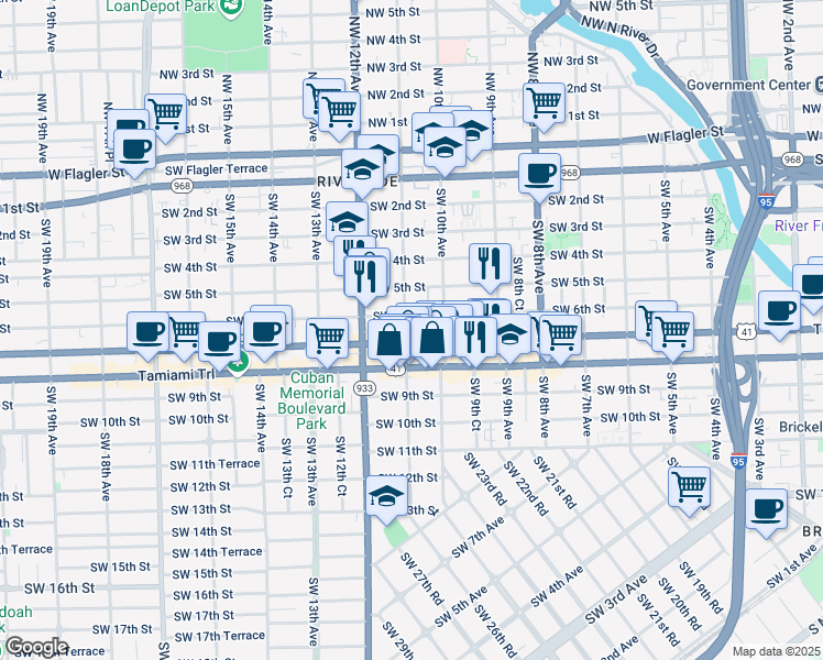 map of restaurants, bars, coffee shops, grocery stores, and more near 1057 Southwest 7th Street in Miami