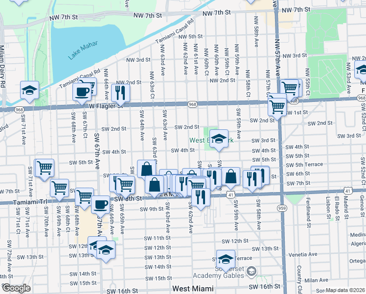 map of restaurants, bars, coffee shops, grocery stores, and more near 6225 Southwest 4th Street in Miami