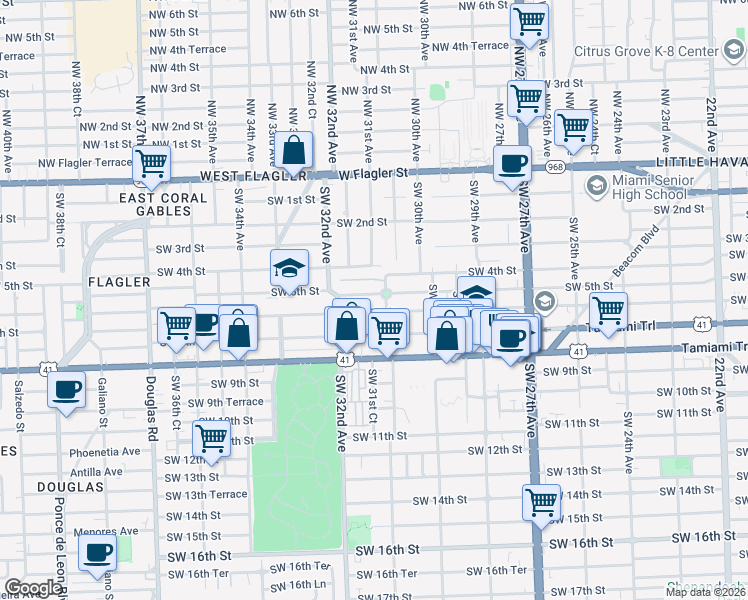 map of restaurants, bars, coffee shops, grocery stores, and more near 3115 Southwest 6th Street in Miami