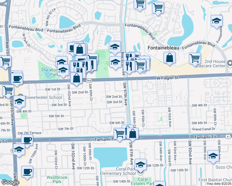 map of restaurants, bars, coffee shops, grocery stores, and more near 9823 Southwest 2nd Street in Miami