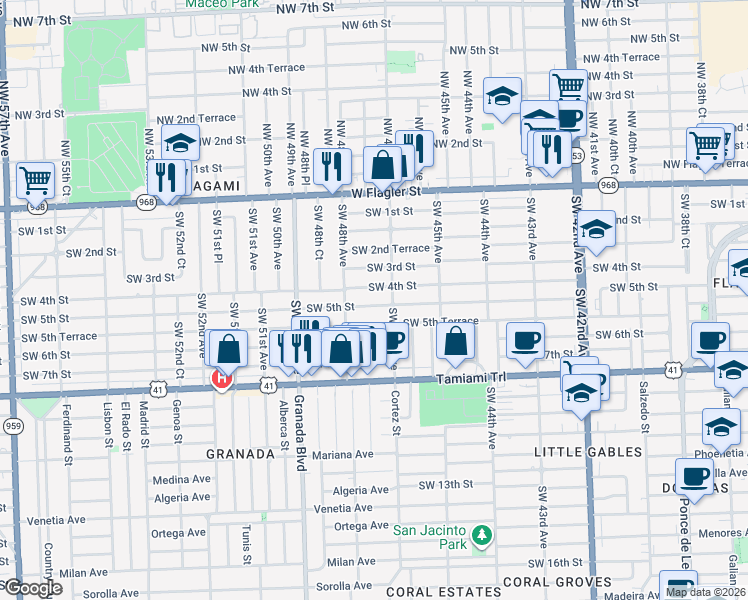 map of restaurants, bars, coffee shops, grocery stores, and more near 4740 Southwest 5th Street in Coral Gables