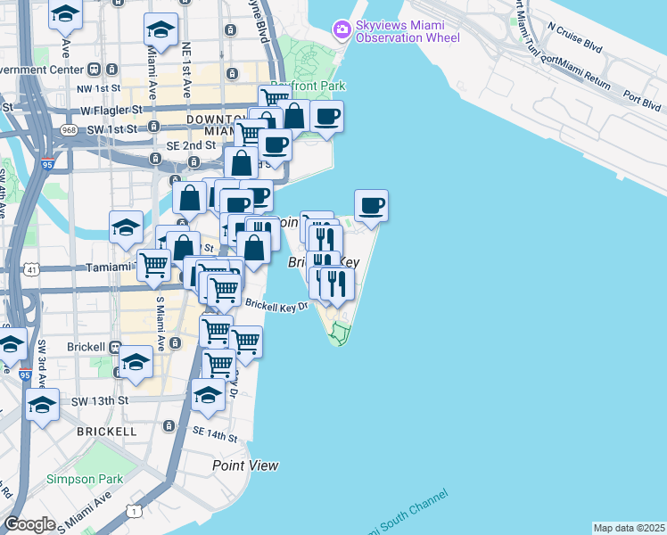 map of restaurants, bars, coffee shops, grocery stores, and more near 601 Brickell Key Drive in Miami